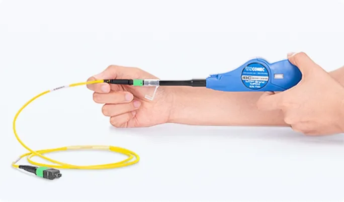 Cleaning MTP®/MPO connectors with cassette cleaner.