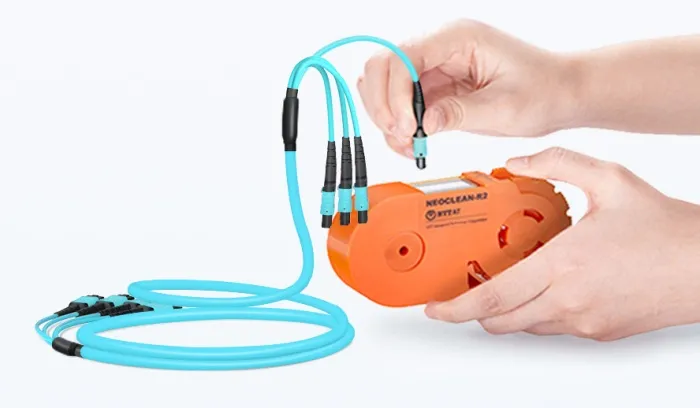 Cleaning MTP®/MPO connectors with IBC MPO cleaner.