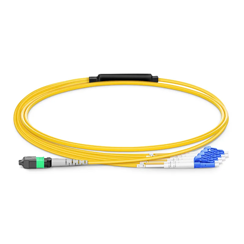 MTP® Harness, MTP®-8 APC (Female) to 4 LC UPC Duplex, 8 Fibers, Single Mode (OS2), Plenum (OFNP), 0.35dB Max, Type B, Yellow